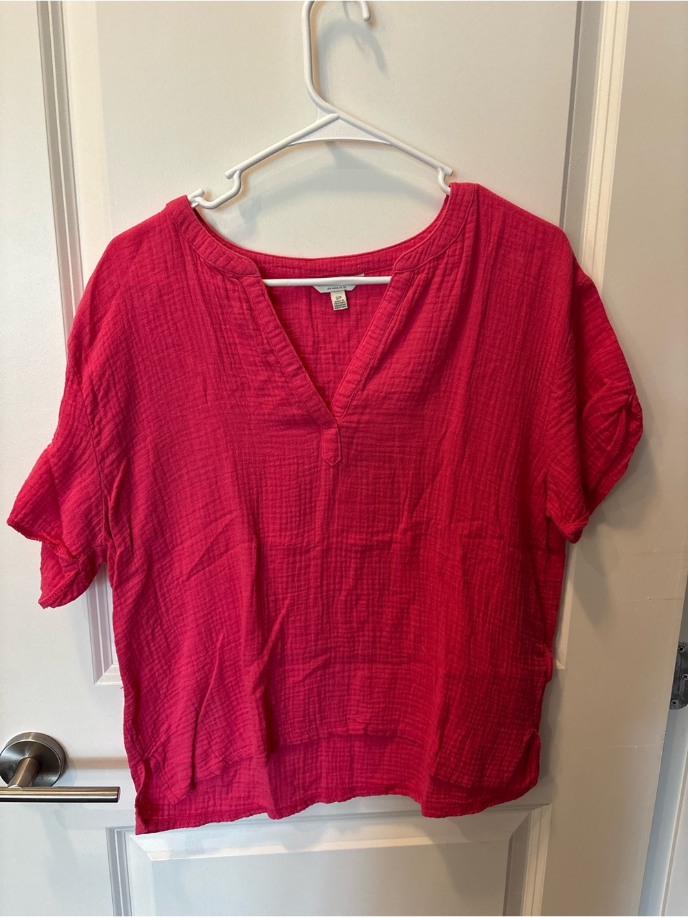 Lucky Brand Split V-Neck Short Sleeve Top - Hot Pink